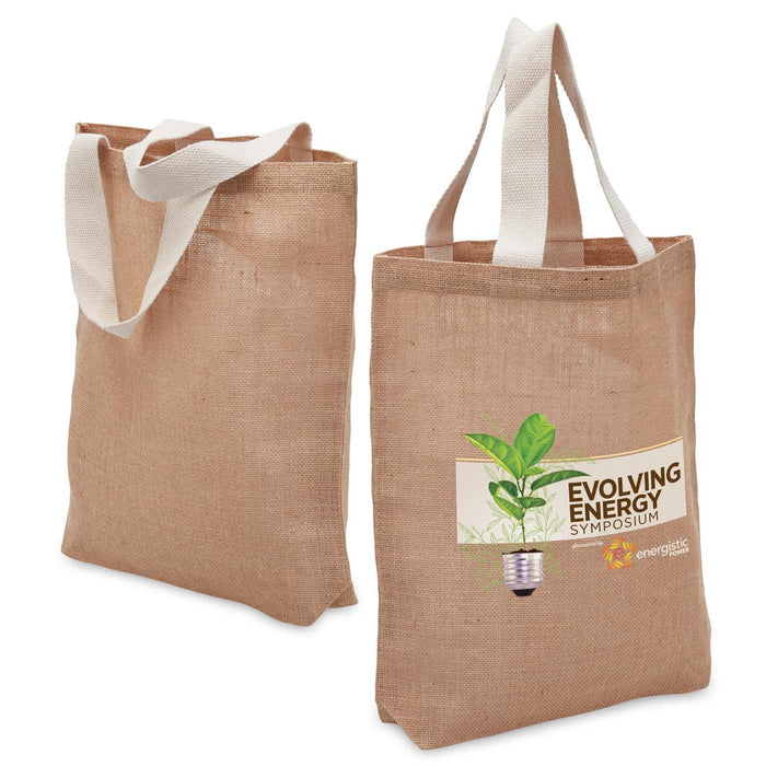 Enviro Shopper - Two reusable grocery bags in natural brown, featuring a plant graphic and a logo on one side. Handles are white.