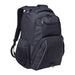 Fortress Laptop Backpack - A black laptop backpack featuring multiple compartments and a mesh side pocket. It has a logo on the front.