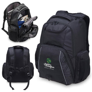 Fortress Laptop Backpack - A black laptop backpack featuring multiple compartments and pockets, including side mesh pockets and a logo.