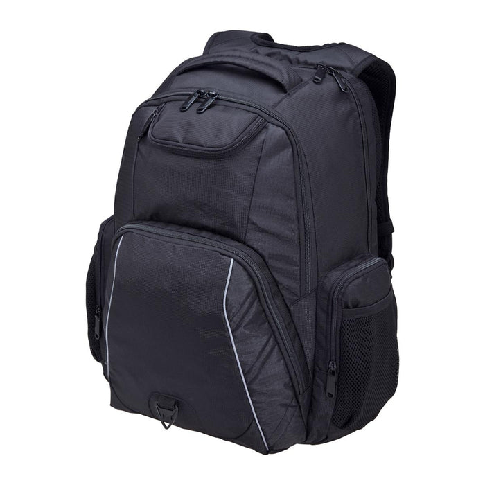 Fortress Laptop Backpack - A black laptop backpack with multiple pockets and zippers, featuring a sleek design and a subtle logo.