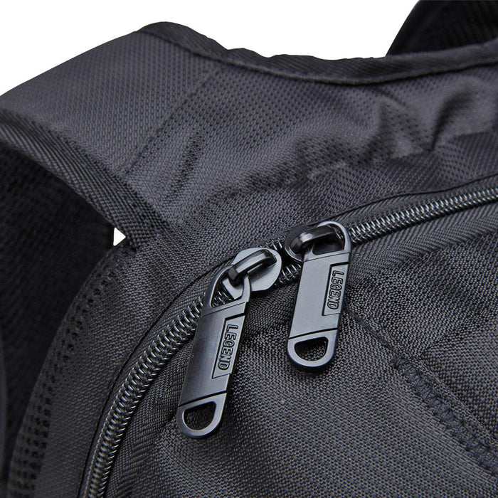Fortress Laptop Backpack - A black laptop backpack featuring durable zippers and padded straps for comfort. It includes a logo on the material.