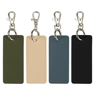 Resi Plus Rectangle Keychain - A set of four rectangular keychains in green, beige, blue, and black, each with a silver clip and ring.