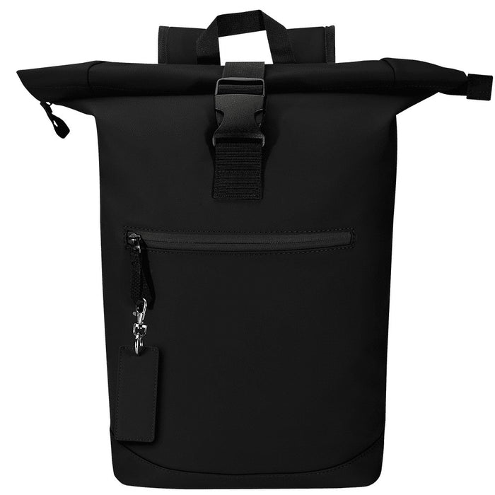 Resi Plus Rectangle Keychain - A black roll-top backpack with a front zip pocket and adjustable straps. It features a sturdy handle on top.