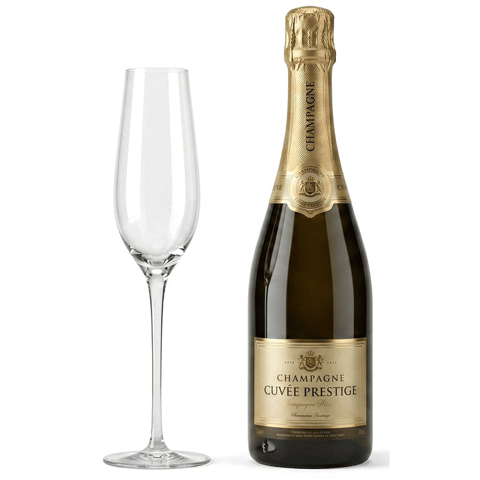 Champagne Flute - A bottle of champagne with a gold label beside a clear glass flute. The items are set against a plain background.