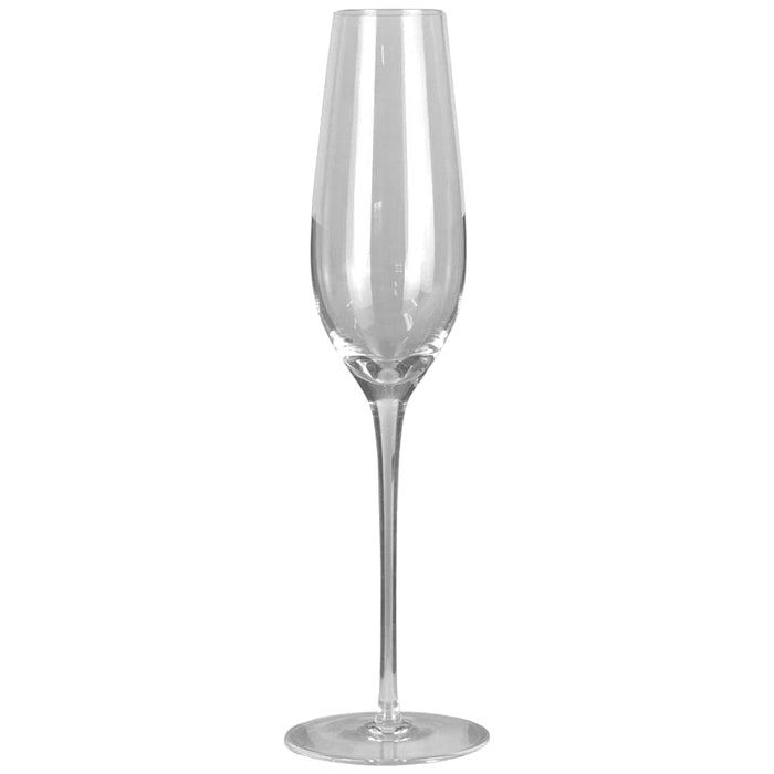 Champagne Flute - A clear glass champagne flute with a tall, slender body and a wide base. It has a smooth, elegant design.