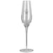 Champagne Flute - A clear glass champagne flute with a tall, slender design and a circular base, featuring a logo.
