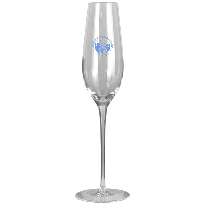 Champagne Flute - A clear glass champagne flute featuring a printed logo. Tall and slender design with a curved bowl.