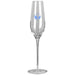 Champagne Flute - A clear glass champagne flute featuring a printed logo. Tall and slender design with a curved bowl.