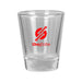 Shot Glass - A clear glass shot glass with a solid base and a round logo in red and white.