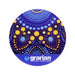 Round Glass Coaster - A round glass coaster featuring a vibrant purple and yellow dot pattern, with a logo at the bottom.
