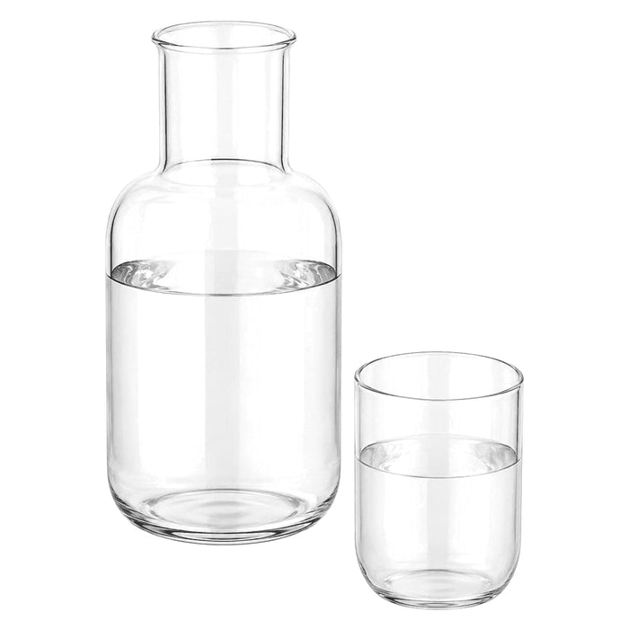 Amelie Glass Carafe & Cup Set 850ml - A glass carafe and cup set in clear glass, featuring a simple, elegant design with water inside both pieces.