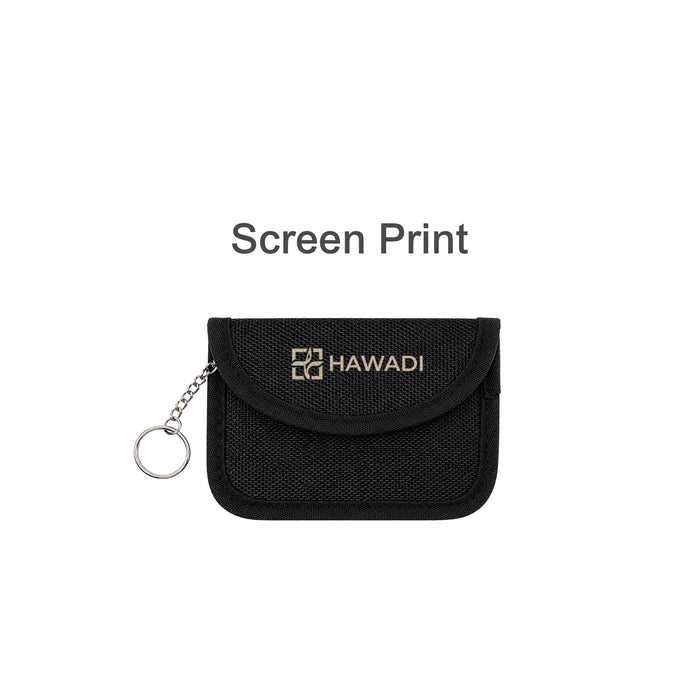 Faraday RFID Blocking Key Pouch - A black RFID blocking key pouch with a chain keyring and a logo on the front.