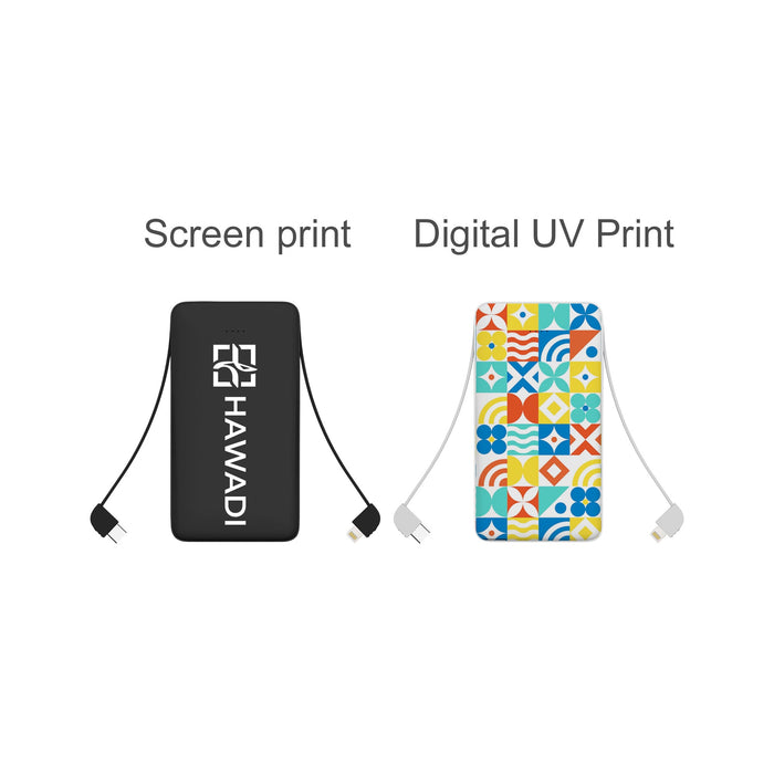 10000mAh Slim  Power Bank with Charging Cable - A slim power bank in black with a decorative multi-coloured design and integrated charging cable. Features a logo.