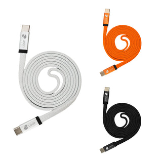 100W Magnetic Flat Braided Charging Cable - Three magnetic flat braided charging cables in black, white, and orange, each with a logo on the connector.