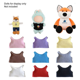 Plush Doll Basic Tank Top - A collection of plush dolls in various colours with a selection of basic tank tops underneath them. Features a logo.