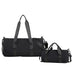 Bucket Duffle Bag With Wide Straps - A black bucket duffle bag with wide straps, featuring a larger bag and a smaller bag beside it. Both have a logo.