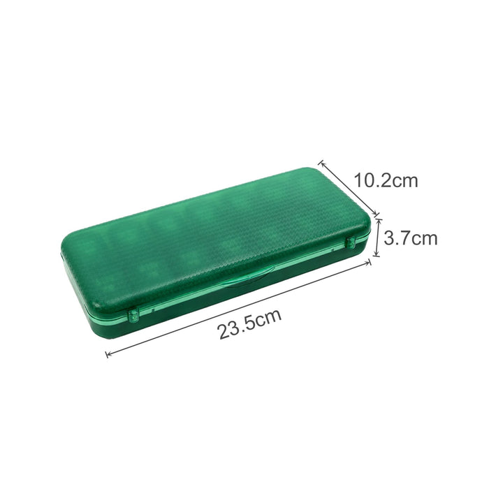 7 Day Pills Organizer - A green, rectangular pills organiser with a translucent lid and measurements of 23.5 cm by 10.2 cm by 3.7 cm.