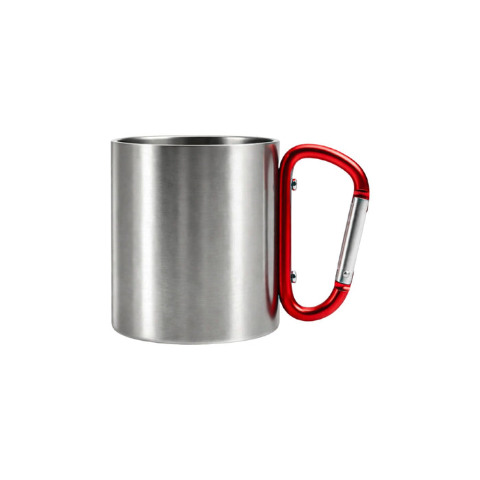 170ML/280ML Stainless Steel Insulated Travel Mug with Carabiner Handle - A stainless steel insulated travel mug with a shiny finish and a red carabiner handle. Includes a logo.