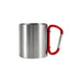 170ML/280ML Stainless Steel Insulated Travel Mug with Carabiner Handle - A stainless steel insulated travel mug with a shiny finish and a red carabiner handle. Includes a logo.