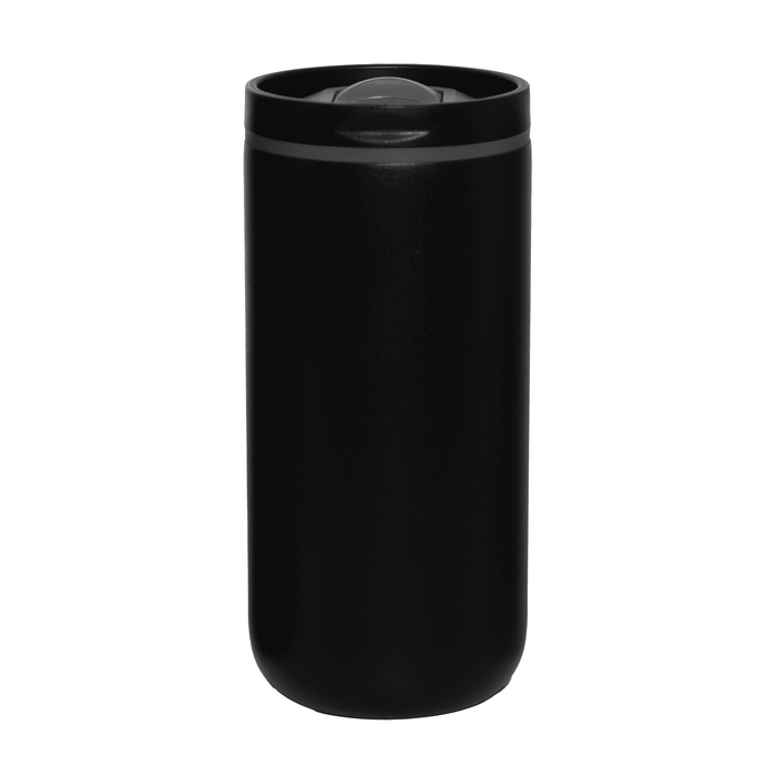 The Siena 450ml Vacuum Tumbler - A drink bottle featuring a black vacuum tumbler design with a lid and a logo.