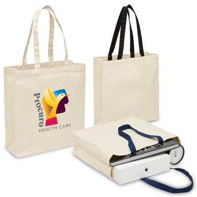 Heavy Duty Canvas Tote with Gusset - A heavy-duty canvas tote in natural colour with black and blue handles, featuring a logo on one side.