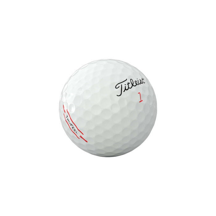 Titleist TruFeel Golf Balls - 2026 Model - 3 Ball Boxes - A white golf ball featuring dimples, with a logo and the text "TruFeel" and "1" in black and red.