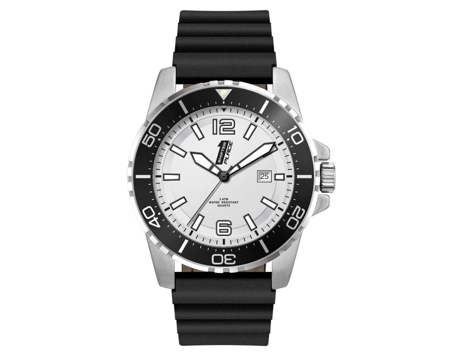Sports Watch, Leather or Silicone Strap - A sports watch with a black silicone strap and a white dial featuring silver accents and a date function.