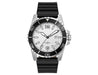 Sports Watch, Leather or Silicone Strap - A sports watch featuring a white dial, black bezel, and silicone strap. It has a logo on the face.