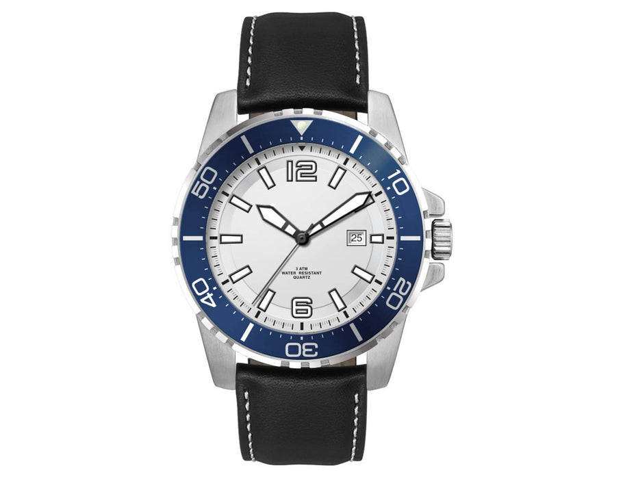 Sports Watch, Leather or Silicone Strap - A sports watch featuring a white dial, blue bezel, and a black leather strap, with a logo on the face.