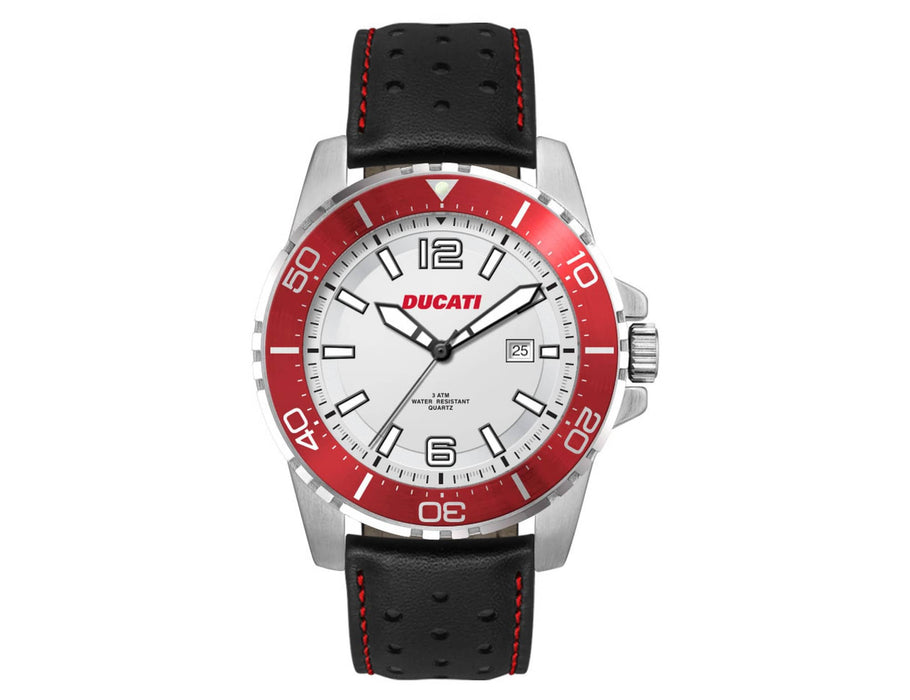 Sports Watch, Leather or Silicone Strap - A sports watch with a white face, silver casing, and black leather strap featuring red accents and a logo.