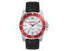 Sports Watch, Leather or Silicone Strap - A sports watch with a white face, silver casing, and black leather strap featuring red accents and a logo.