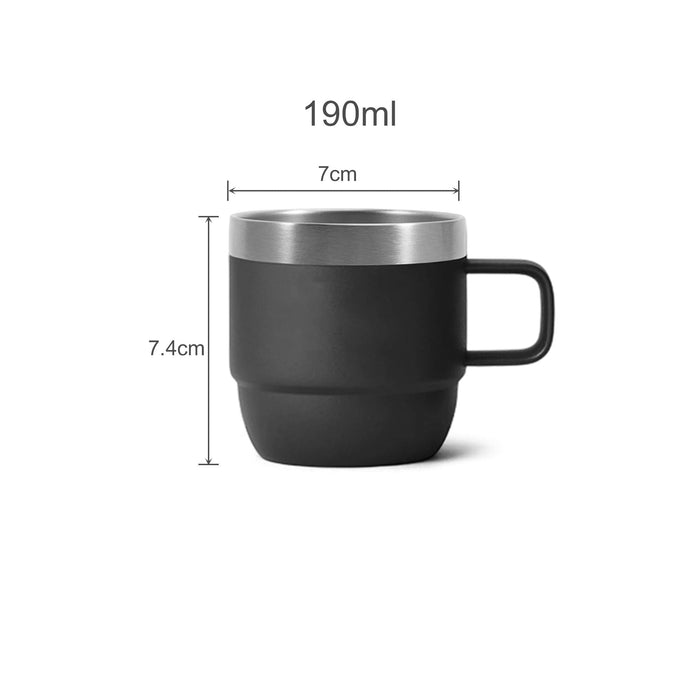 Stackable Stainless Steel Mug - A stackable stainless steel mug in matte black, featuring a brushed metal rim and a handle. Measurement details included.