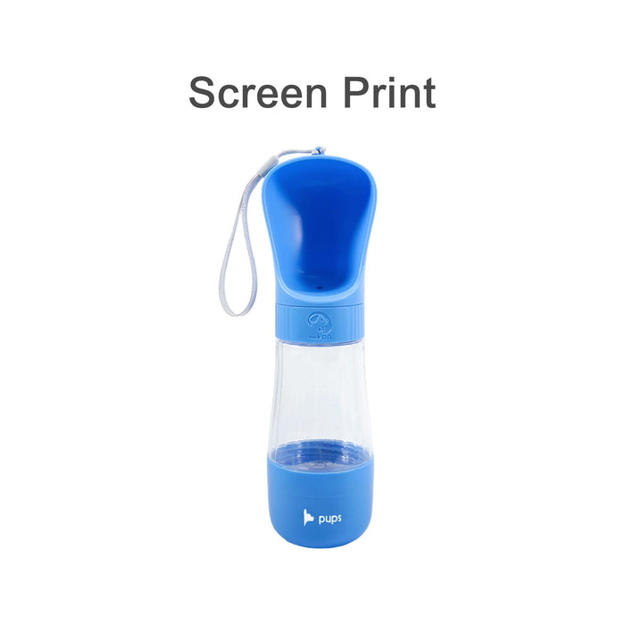 Pet Water Bottle with Food Container - A blue water bottle with a transparent lower section and a blue lid, featuring a logo and a carrying strap.