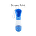Pet Water Bottle with Food Container - A blue water bottle with a transparent lower section and a blue lid, featuring a logo and a carrying strap.
