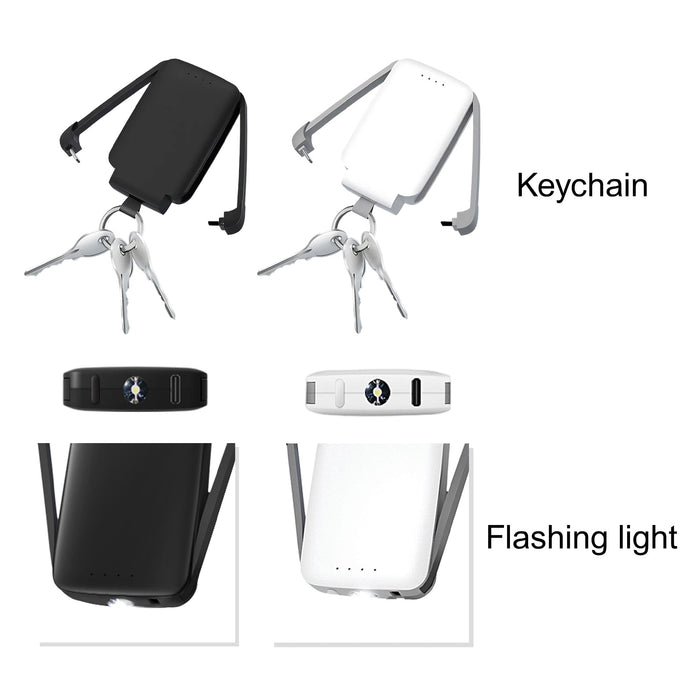 Mini Power Bank with Flashlight - A mini power bank in black and white, featuring a keychain and a built-in flashlight.