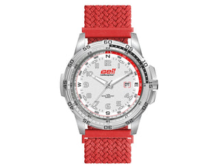 Sports Watch, Nylon Strap - A sports watch with a white dial, silver case, and red nylon strap, featuring a logo on the face.