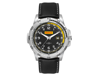Sports Watch, Leather Strap - Sports watch with a black leather strap, stainless steel case, and a black dial featuring yellow accents and a date display.