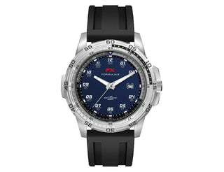 Sports Watch, Silicone Strap - A sports watch with a navy blue dial and silver-tone case, featuring a black silicone strap and a logo.