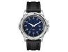 Sports Watch, Silicone Strap - A sports watch with a silver stainless steel case, a dark blue dial, and a black silicone strap. It features a logo.
