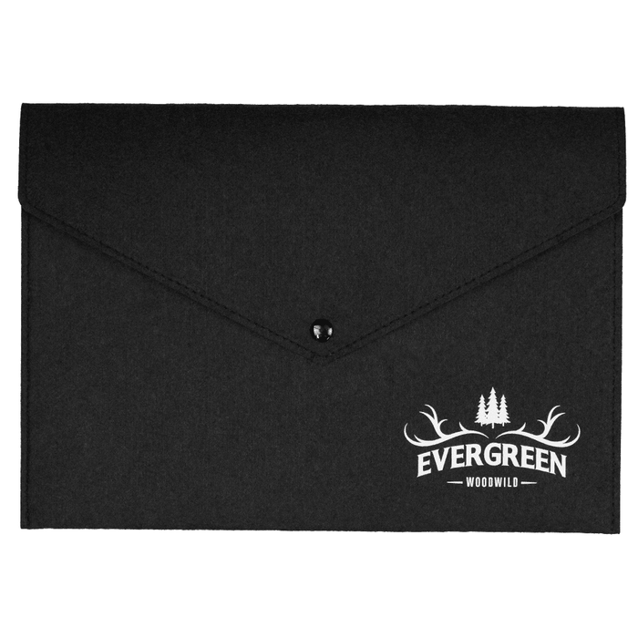 Get Organised Pack - A black felt folder with a flap closure and a logo print on the front.