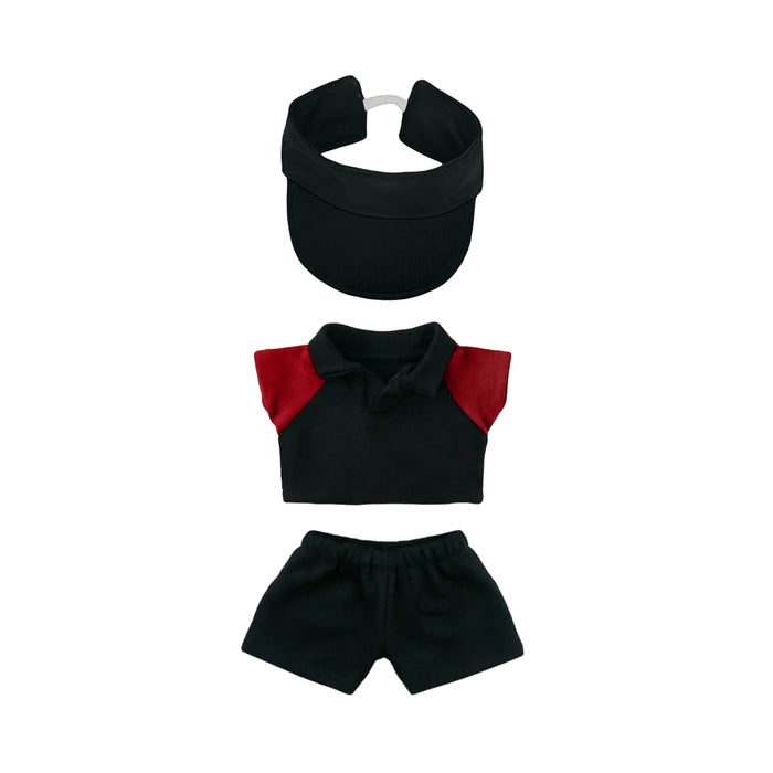 Plush Doll Racing Suit Set (15–17cm Doll) - A black racing suit set for dolls, featuring a visor, red and black top, and black shorts.