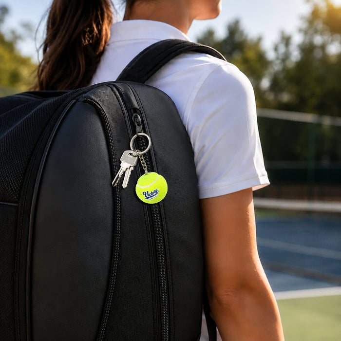 Tennis Ball Keyring - A yellow tennis ball keyring attached to a black backpack, hanging alongside a set of keys.