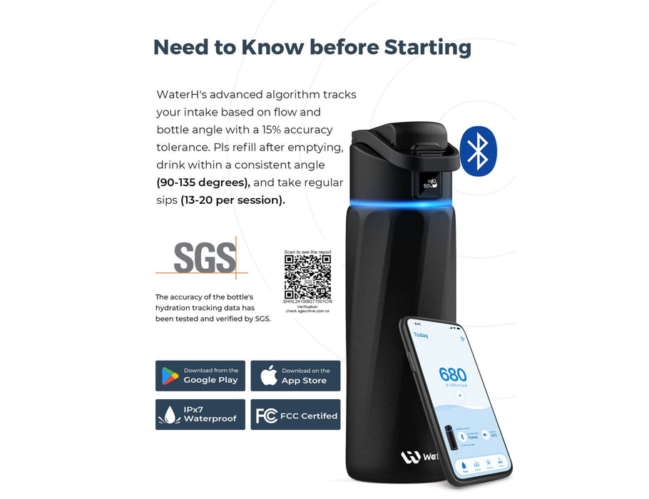 WaterH Boost Smart Bottle 24oz (710ml) - A drink bottle in black, featuring a sleek design, a lid, a logo, and a smartphone displaying hydration tracking information.