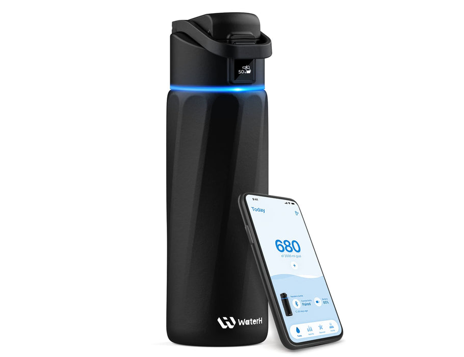 WaterH Boost Smart Bottle 24oz (710ml) - A drink bottle in black with a sleek design and a smart app displayed on a phone beside it. The bottle features a logo.