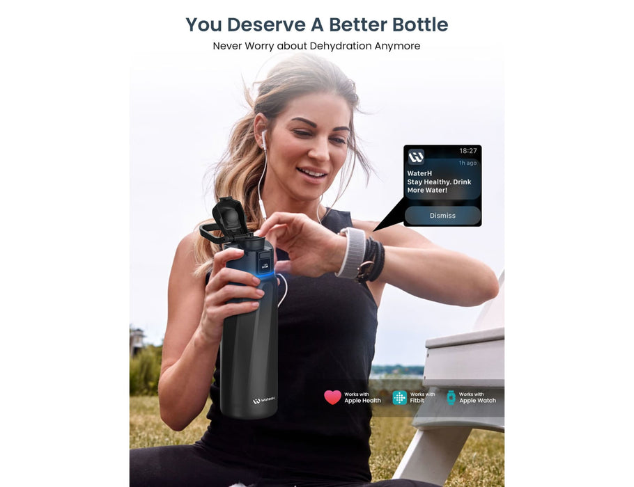 WaterH Boost Smart Bottle 24oz (710ml) - A drink bottle in dark grey with a digital display, featuring a flip-top lid and a logo.