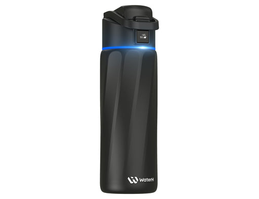 WaterH Boost Smart Bottle 24oz (710ml) - A drink bottle in matte black with a sleek design and a logo, featuring an LED indicator on the lid.
