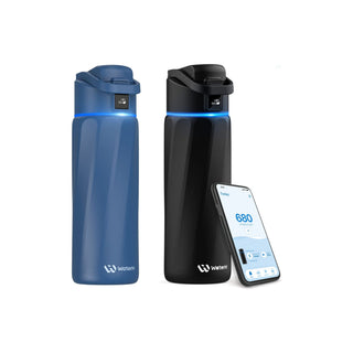WaterH Boost Smart Bottle 24oz (710ml) - A drink bottle available in blue and black, featuring a logo and a digital display on top for smart features.
