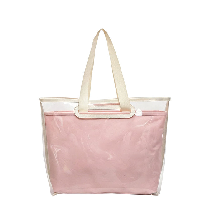 Tote Bag With Detachable PVC Cover - A pink tote bag with a detachable clear PVC cover and cream handles. It features a simple design and a branded logo.