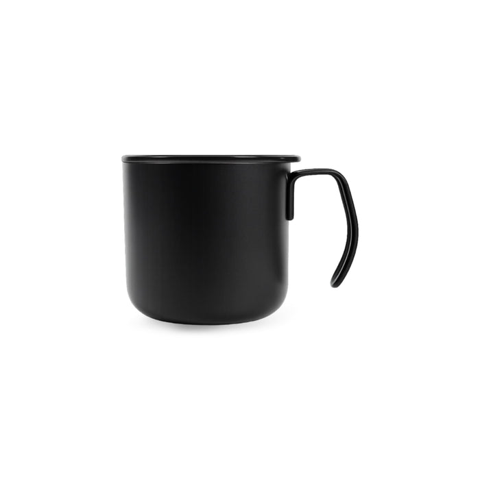 350ML Camping Stainless Steel Insulated Mug - A drink bottle features a sleek black stainless steel design with a handle and insulated structure. It has a logo.