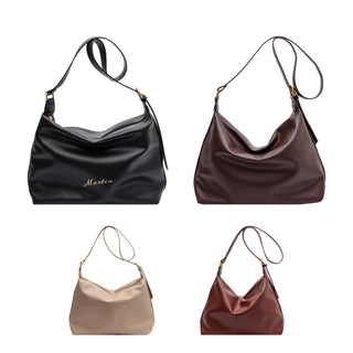 Dumpling Polyurethane Tote Bag - A set of four tote bags in black, brown, beige, and burgundy, featuring a slouchy design and a shoulder strap.